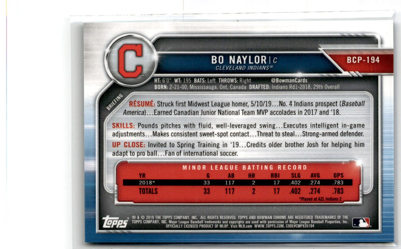 2019 Bowman Chrome Prospects Bo Naylor