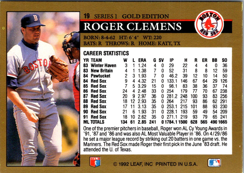 1992 Leaf Black Gold Roger Clemens