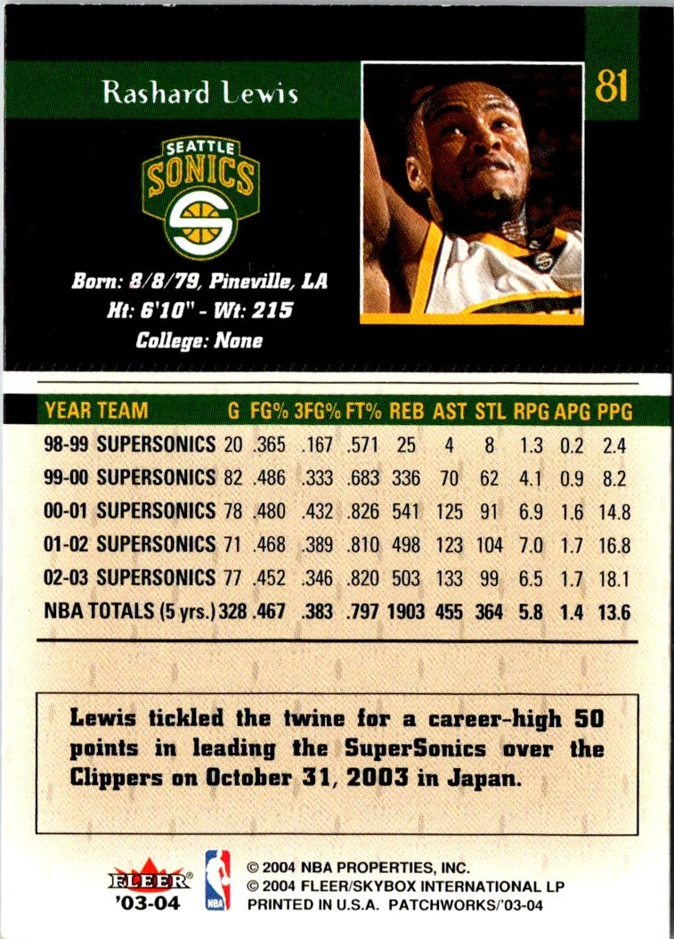 2003 Fleer Patchworks Rashard Lewis