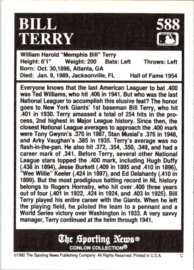 1992 Conlon Collection TSN Bill Terry