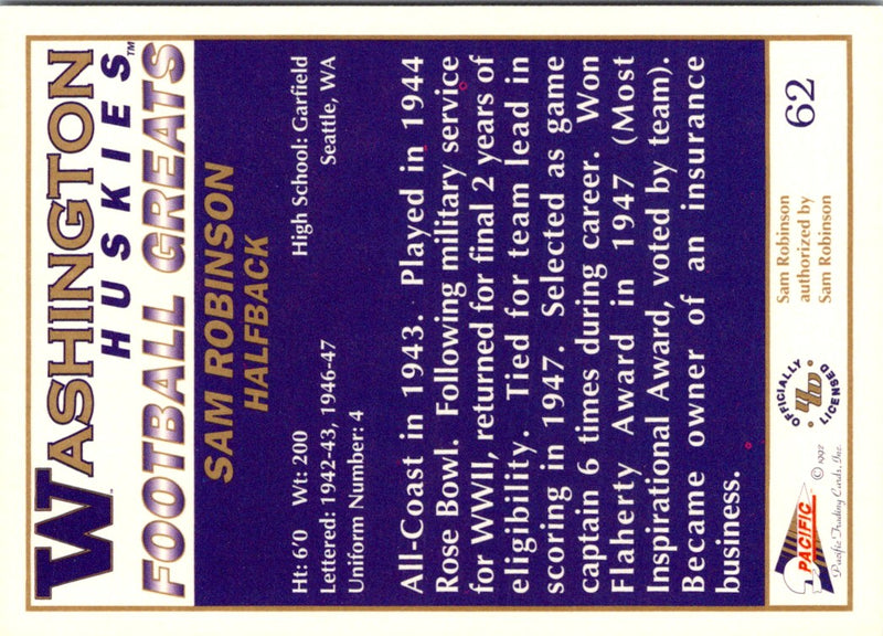 1992 Pacific Greats Washington Huskies Sam Robinson