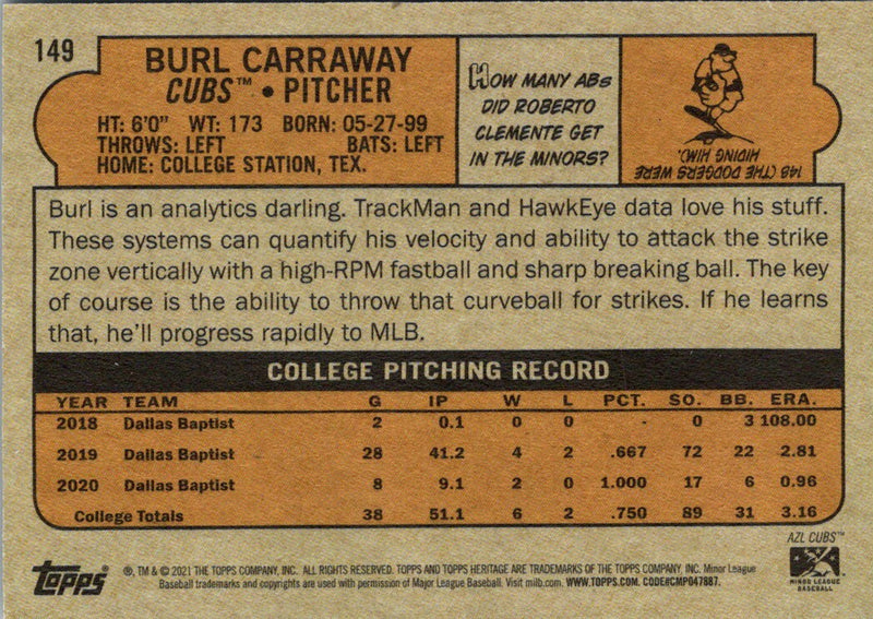 2021 Topps Heritage Minor League Burl Carraway