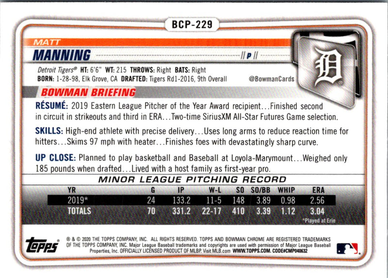 2020 Bowman Chrome Prospects Matt Manning