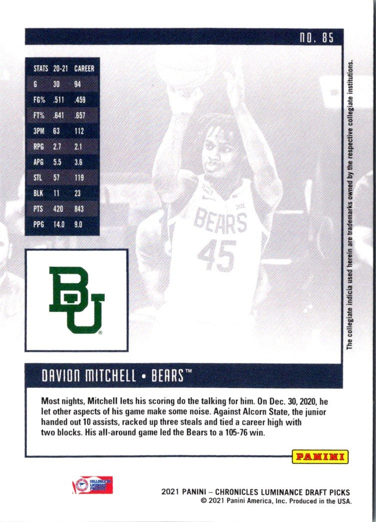 2021 Panini Chronicles Draft Picks Davion Mitchell