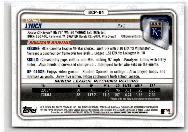 2020 Bowman Chrome Prospects Daniel Lynch