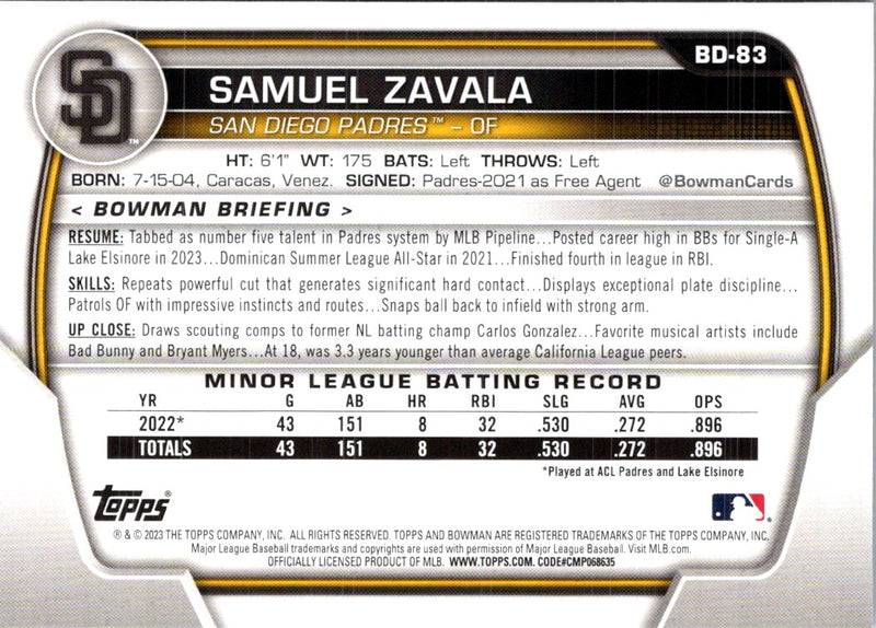 2023 Bowman Draft Samuel Zavala