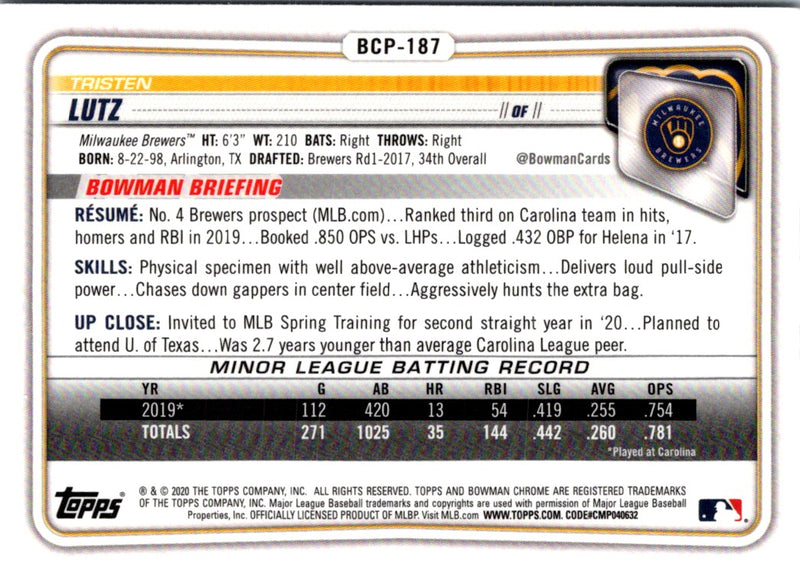 2020 Bowman Chrome Prospects Tristen Lutz