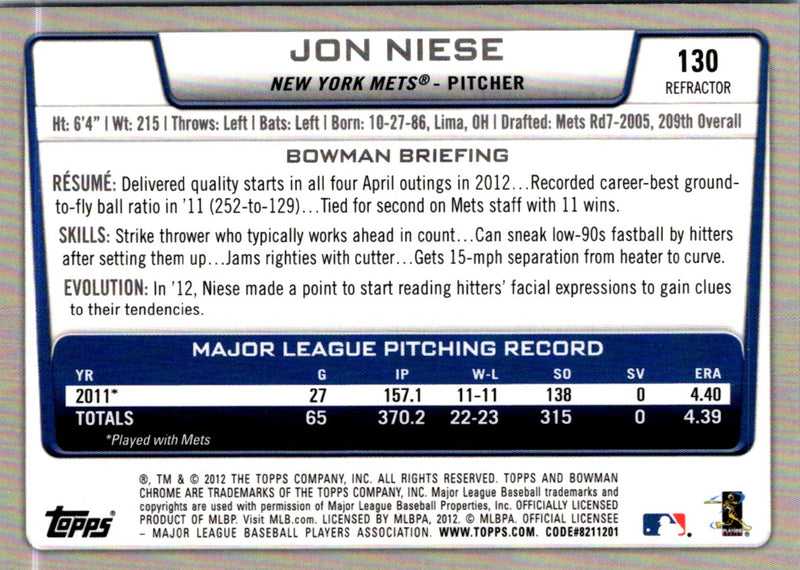 2012 Bowman Chrome Jon Niese