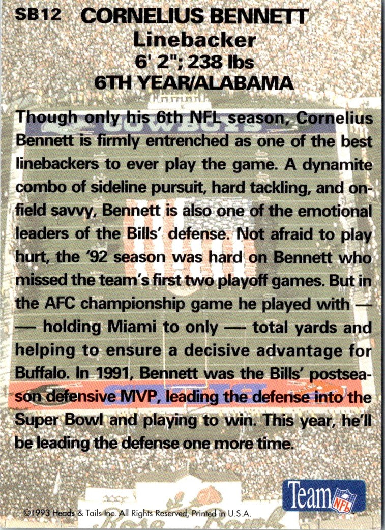 1993 Heads & Tails SB XXVII Cornelius Bennett