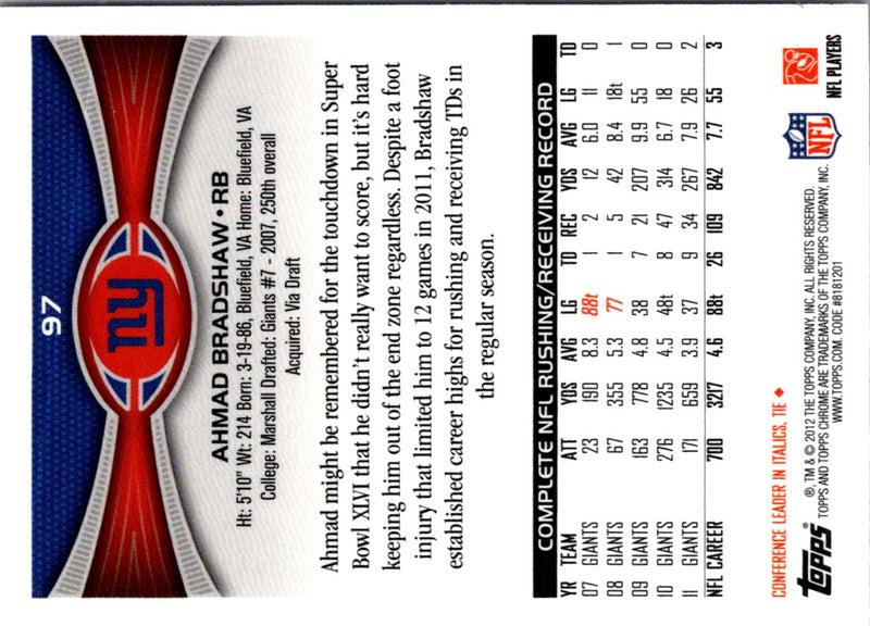 2012 Topps Chrome Ahmad Bradshaw