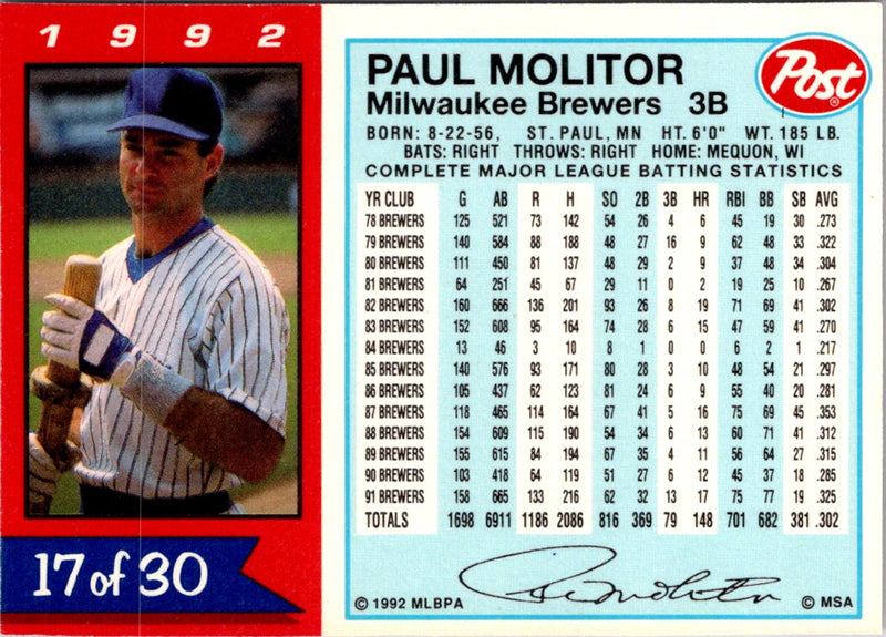 1992 Post Cereal Paul Molitor