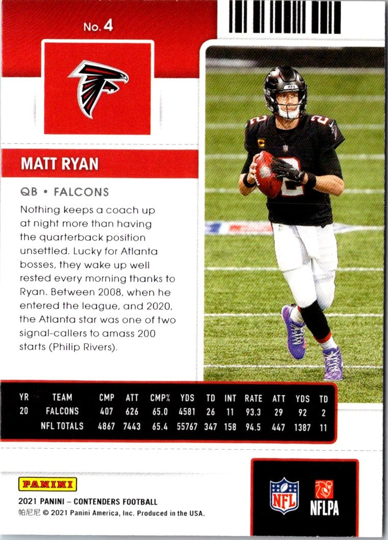 2021 Panini Contenders Draft Picks Game Ticket Red Matt Ryan