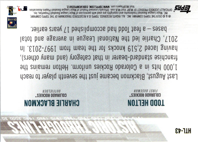 2019 Topps Historic Through-Lines Charlie Blackmon/Todd Helton