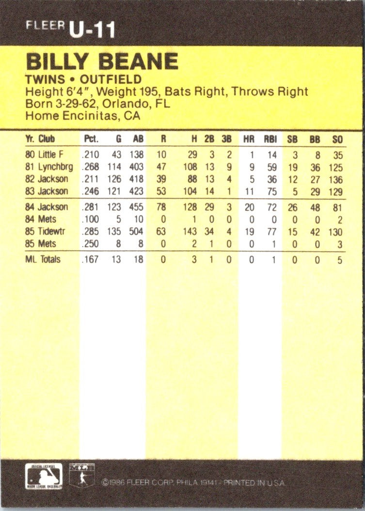 1986 Fleer Update Billy Beane