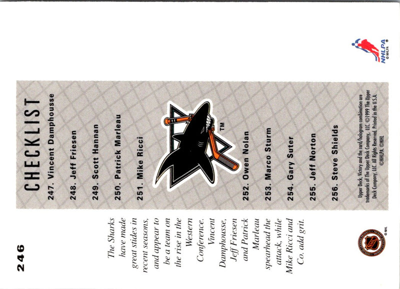 1999 Upper Deck Victory Sharks Checklist