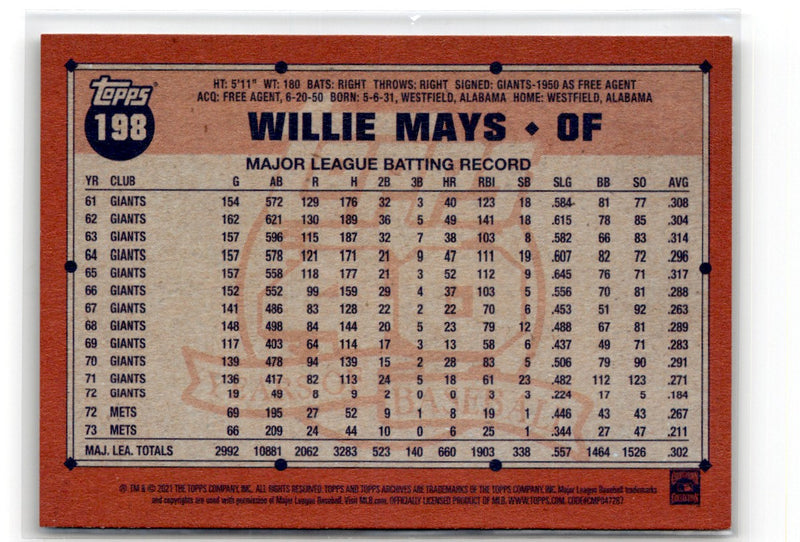 2021 Topps Archives Willie Mays