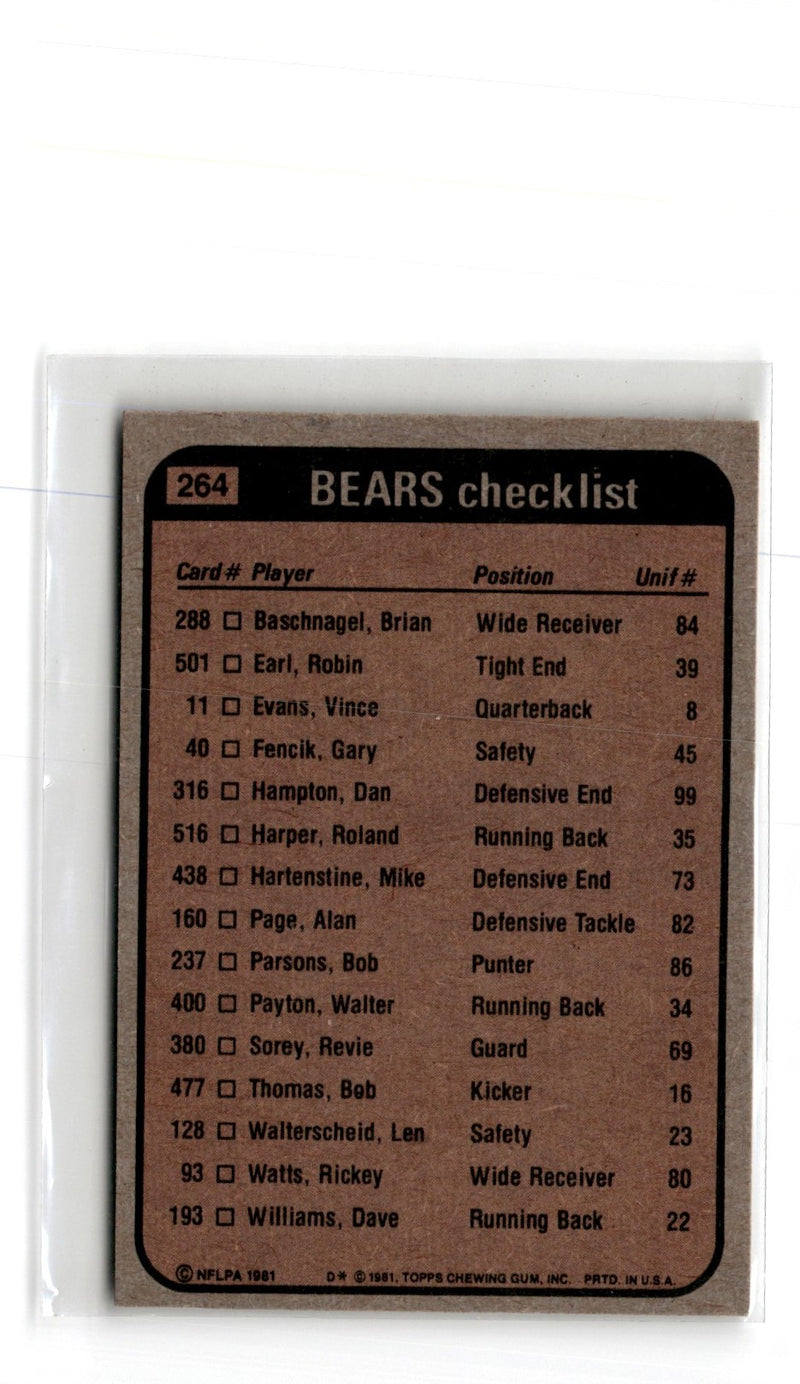 1981 Topps Walter Payton/James Scott/Len Walterscheid/Dan Hampton