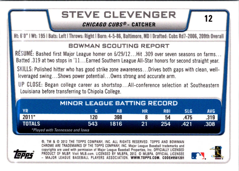 2012 Bowman Draft Picks & Prospects Chrome Steve Clevenger