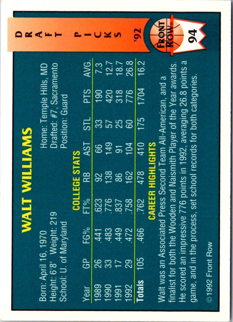1992 Front Row Draft Picks Gold Walt Williams