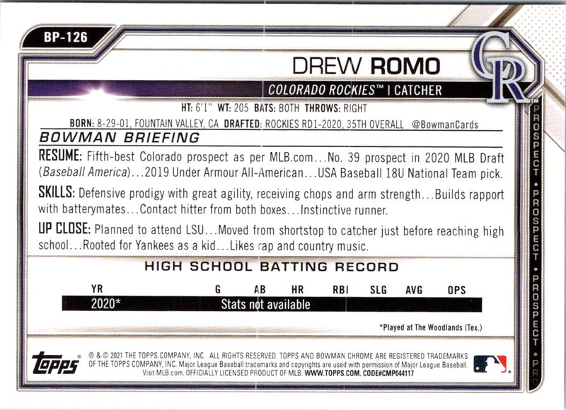 2021 Bowman Prospects Drew Romo