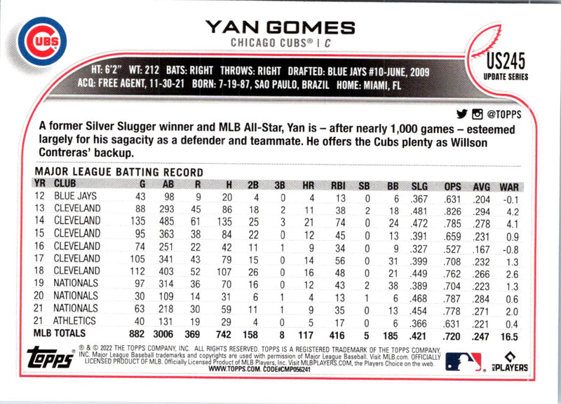 2022 Topps Update Yan Gomes