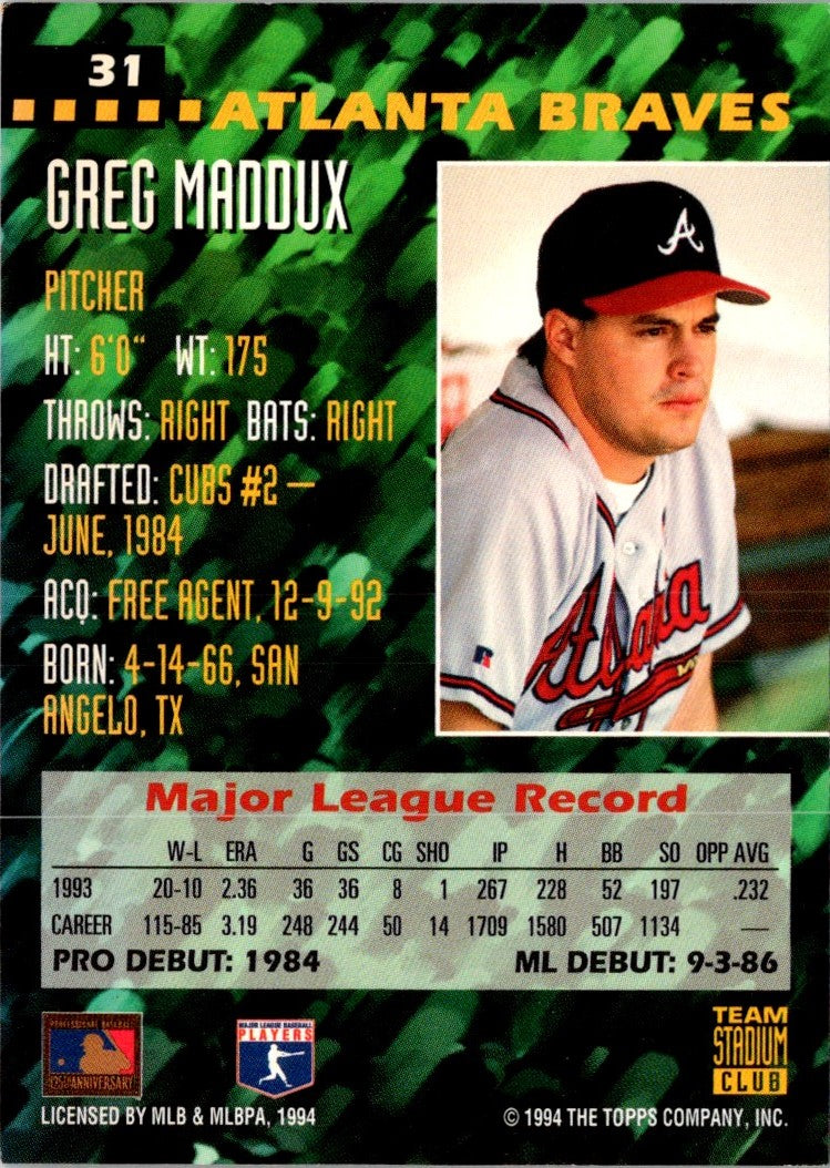 1994 Stadium Club Team Greg Maddux