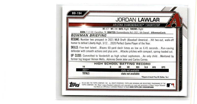 2021 Bowman Draft 1st Edition Jordan Lawlar