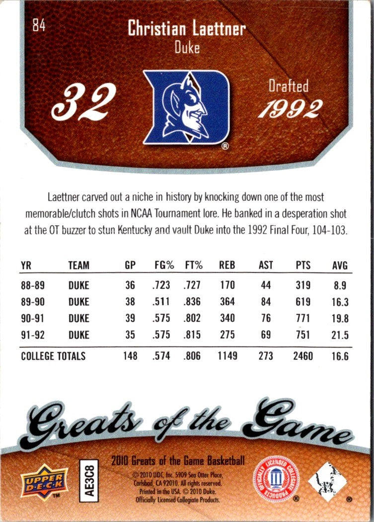 2009 Upper Deck Greats of the Game Christian Laettner