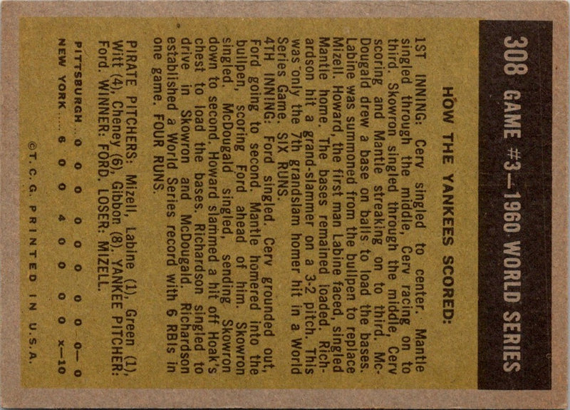 1961 Topps 1960 World Series Game #3 Richardson Is Hero #308 VG-EX
