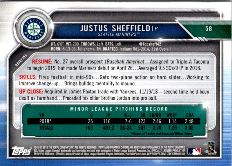 2019 Bowman Chrome Justus Sheffield