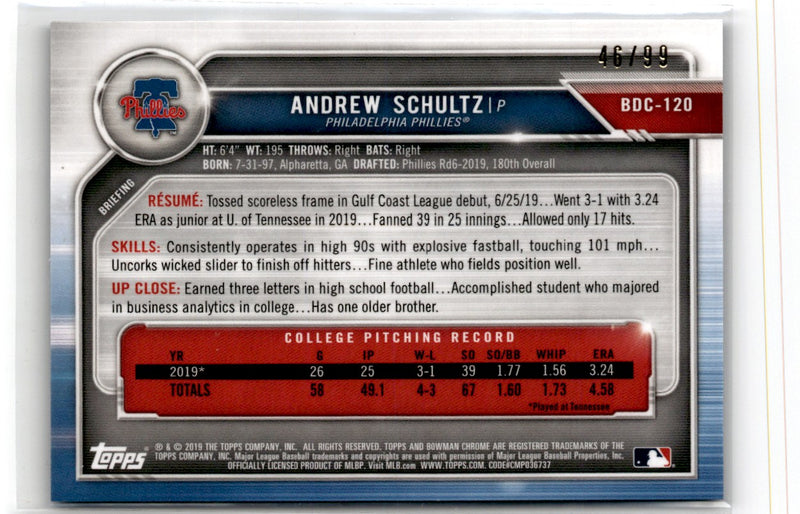 2019 Bowman Draft Sapphire Edition Blue Andrew Schultz