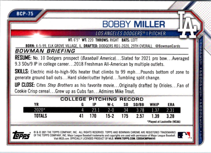 2021 Bowman Chrome Prospects Bobby Miller