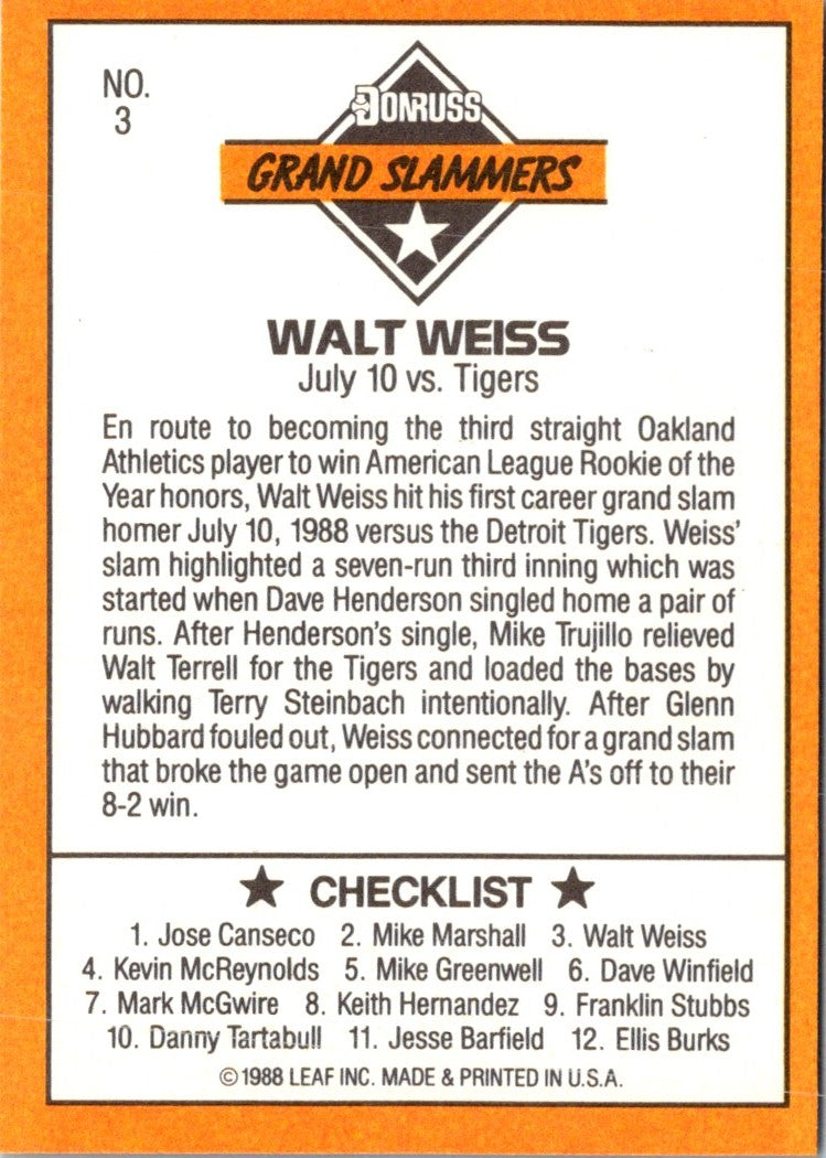 1989 Donruss Leaf Blue Chips Walt Weiss