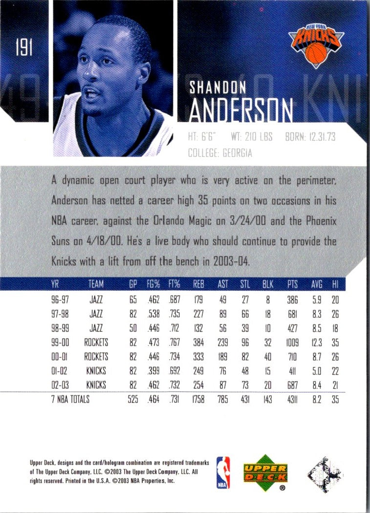 2003 Upper Deck Shandon Anderson