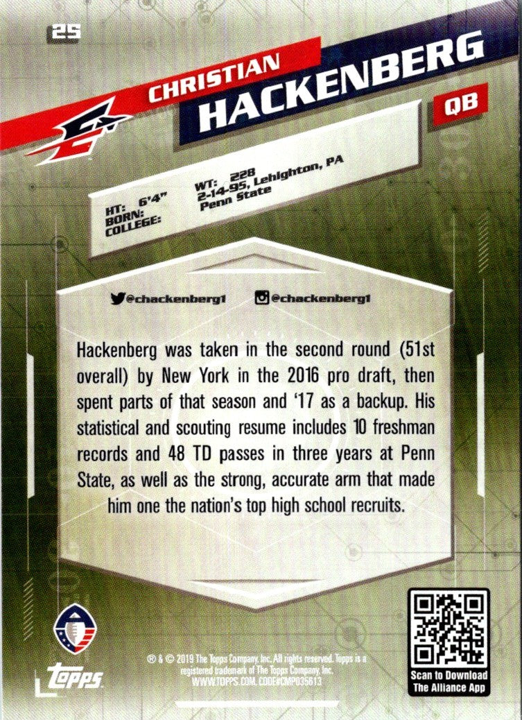 2019 Topps AAF Christian Hackenberg