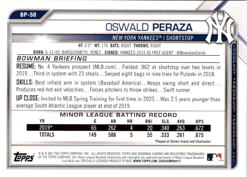 2021 Bowman Prospects Oswald Peraza