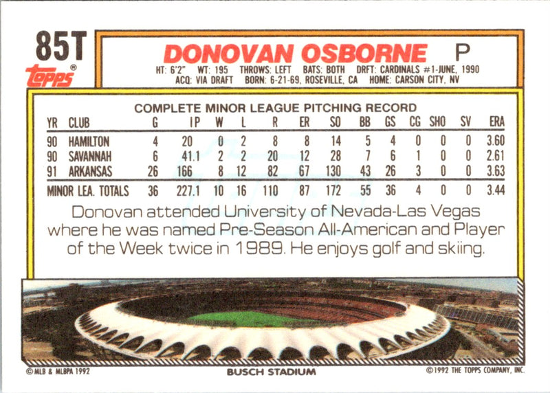 1992 Topps Traded Donovan Osborne