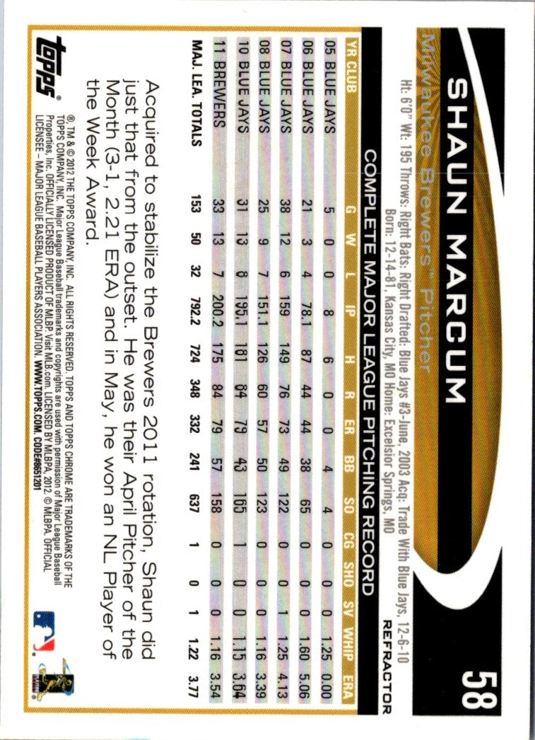 2012 Topps Chrome Purple Refractors Shaun Marcum