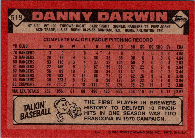 1986 Topps Danny Darwin