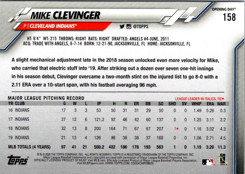 2020 Topps Opening Day Mike Clevinger