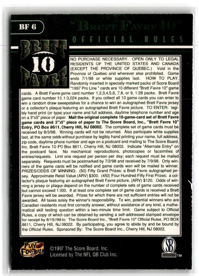 1997 Pro Line Gems of the NFL Redemption Brett Favre