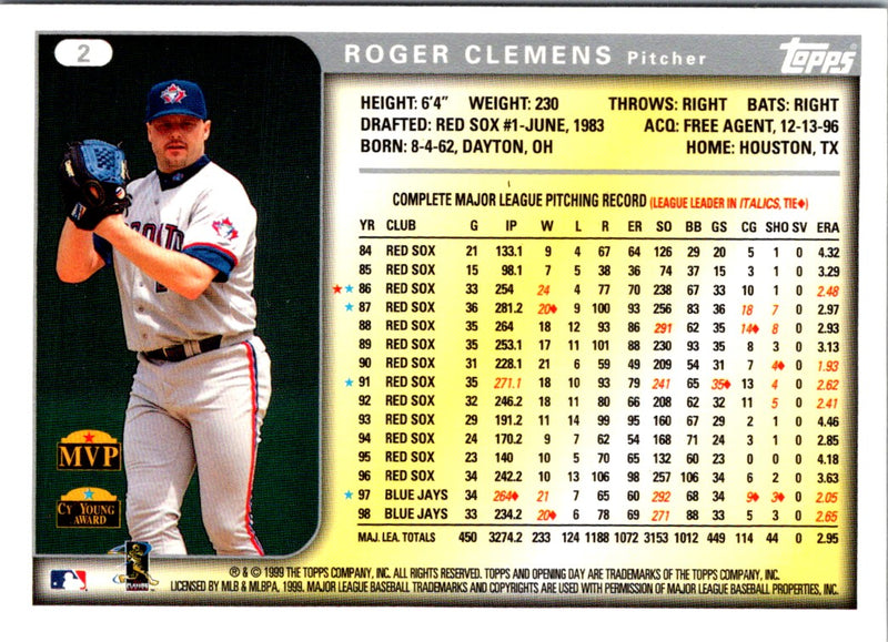 1999 Topps Opening Day Roger Clemens