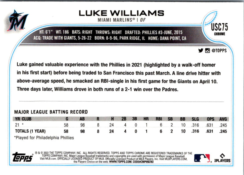 2022 Topps Chrome Update Luke Williams