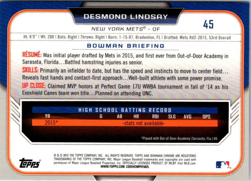 2015 Bowman Draft Picks & Prospects Chrome Desmond Lindsay