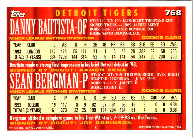 1994 Topps Danny Bautista/Sean Bergman