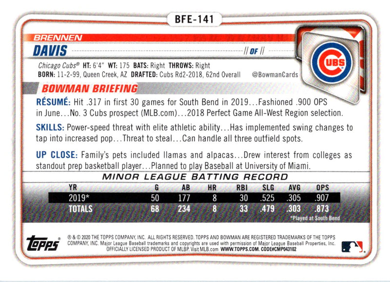 2020 Bowman 1st Edition Brennen Davis