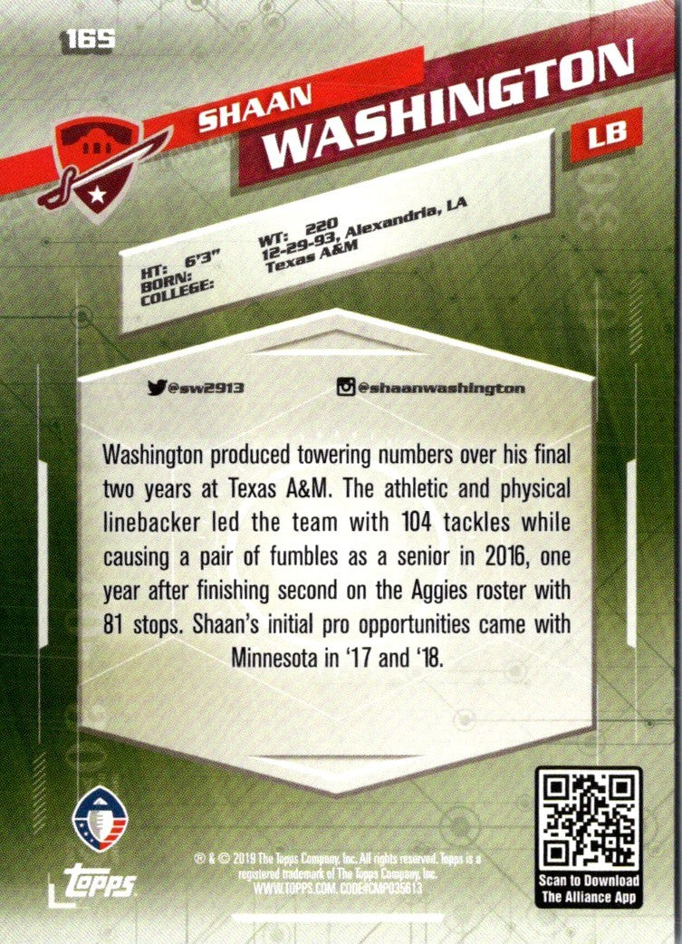 2019 Topps AAF Shaan Washington