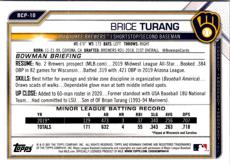 2021 Bowman Chrome Prospects Brice Turang