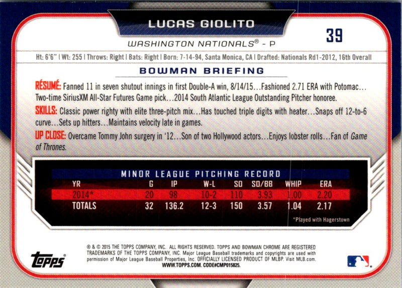 2015 Bowman Draft Picks & Prospects Chrome Lucas Giolito