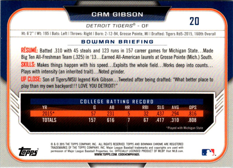 2015 Bowman Draft Picks & Prospects Chrome Cam Gibson